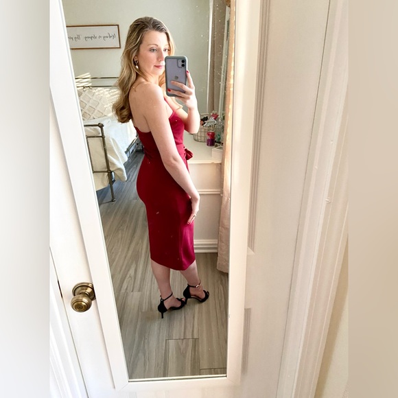 Club Scene Wine Red One-Shoulder Bodycon Midi Dress - Picture 12 of 15